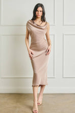 Satin Metal Trim Cowl Ruched Midi Dress: SAGE / S-M-L(2-2-2)