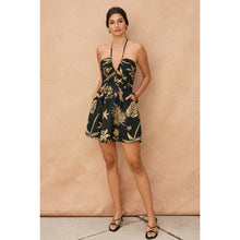 Tropical Leaf Ruched Halter Mini Dress: TAHITI / S-M-L(2-2-2)