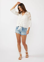 Button Down Crochet Lace Tie Front Top: Off-White / L