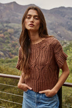 W1124 | Knit Sweater Crochet Round Neck Short Sleeve Top: Dark Brown / Small