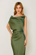 Satin Metal Trim Cowl Ruched Midi Dress: SAGE / S-M-L(2-2-2)
