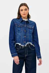 Dark Wash Cropped Frayed Fitted Jacket Rebel
