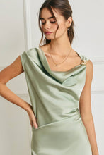 Satin Metal Trim Cowl Ruched Midi Dress: SAGE / S-M-L(2-2-2)