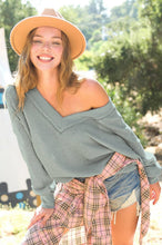JLT7410-V-neck Waffle Long Sleeve Top Christmas Fall: Sage / S