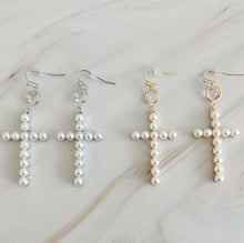 Pearl Cross Dangle Earrings: Silver
