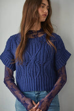 W1124 | Knit Sweater Crochet Round Neck Short Sleeve Top: Navy / Medium