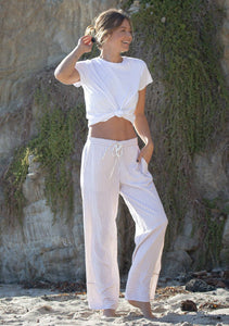 Striped Straight Leg Drawstring Pant: White/Sand