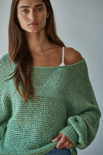 W1106 | Sweater Knit Crochet Round Neck Long Sleeve Top: Jade Green / Small