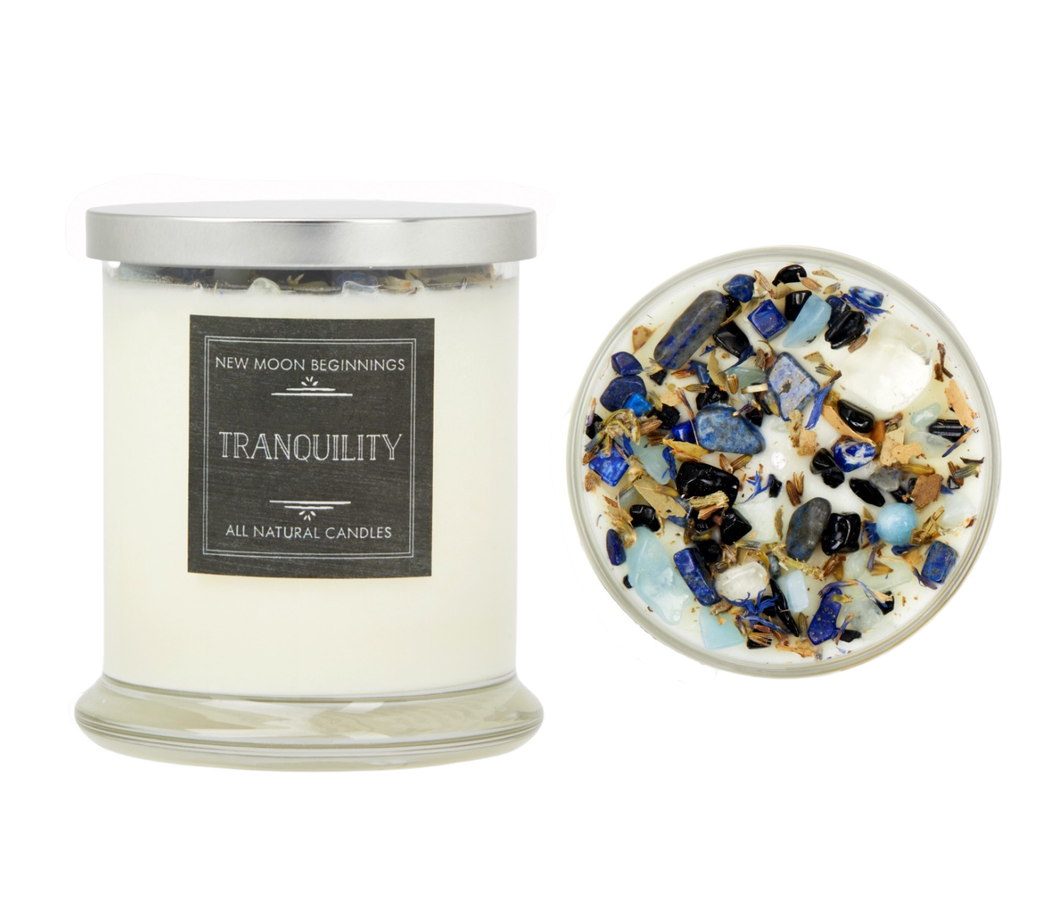 Tranquility Candle - Soy Candles - Flower & Crystal Candles: 12oz Round Glass