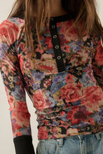 Floral-Print Mesh Split-Cuff Raglan-Sleeve Henley Top: Black / M
