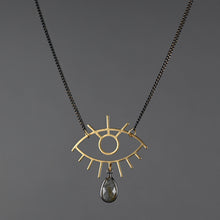 Funky Brass Eye Pendant with Labradorite Drop Necklace: Smoky Quartz