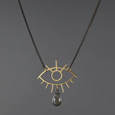 Funky Brass Eye Pendant with Labradorite Drop Necklace: Smoky Quartz