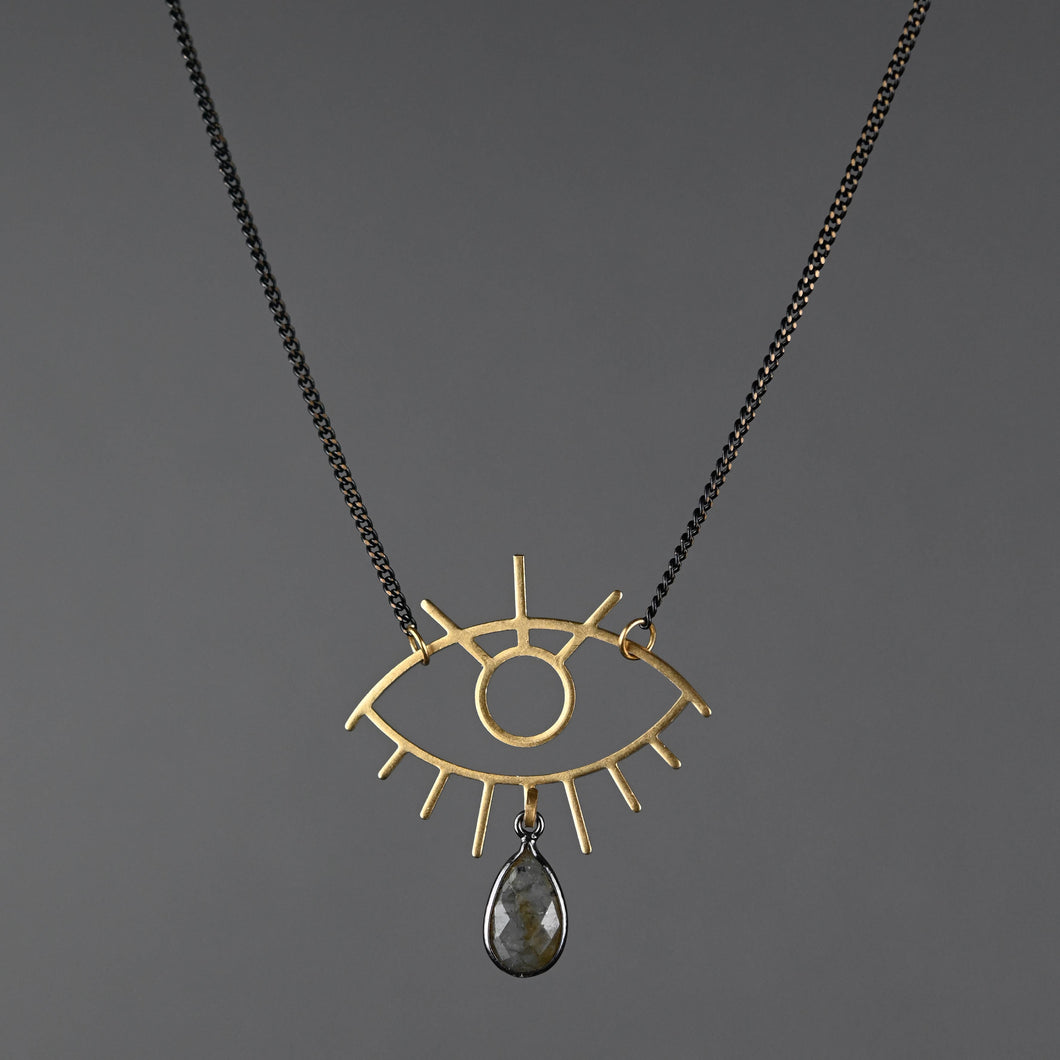 Funky Brass Eye Pendant with Labradorite Drop Necklace: Smoky Quartz