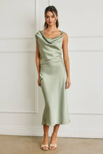 Satin Metal Trim Cowl Ruched Midi Dress: SAGE / S-M-L(2-2-2)