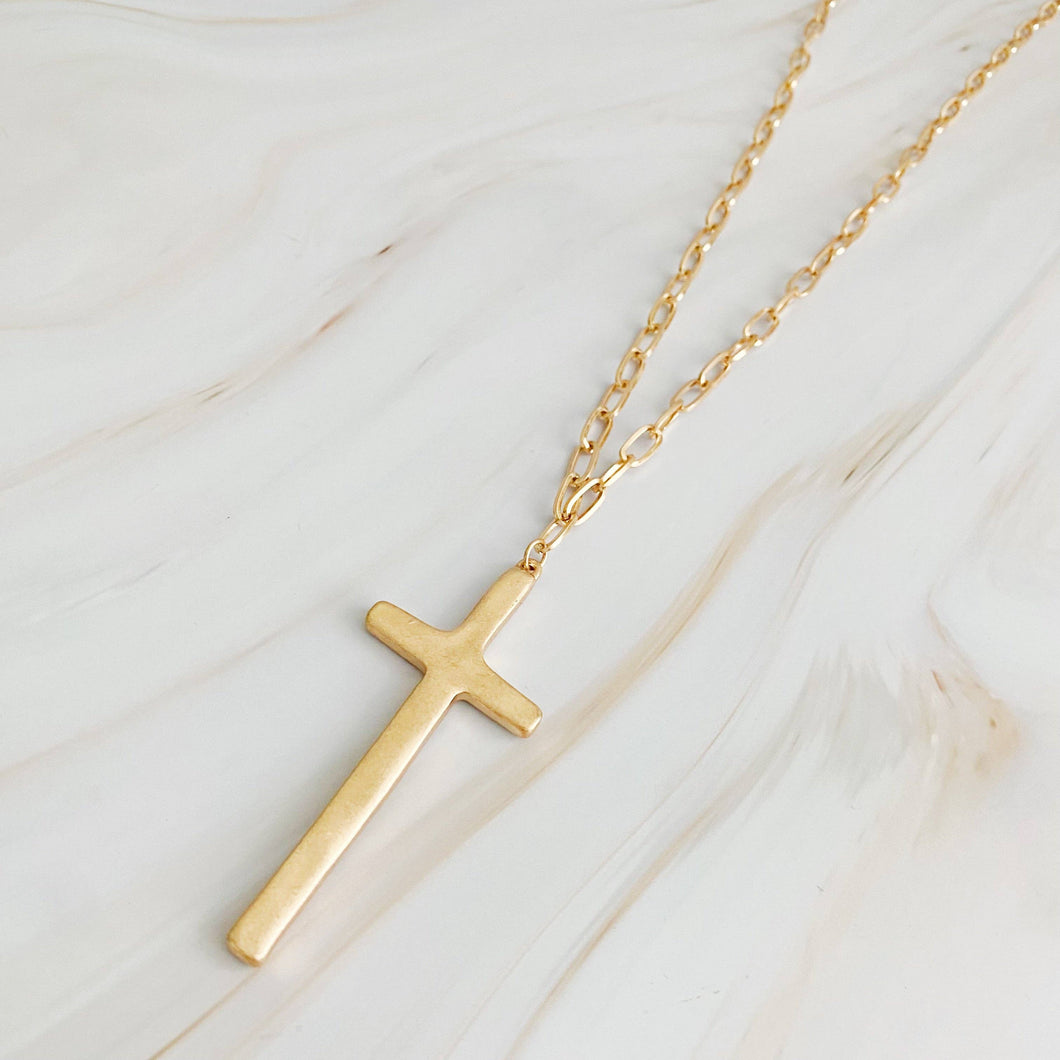 Hammered Cross Long Chain Gold