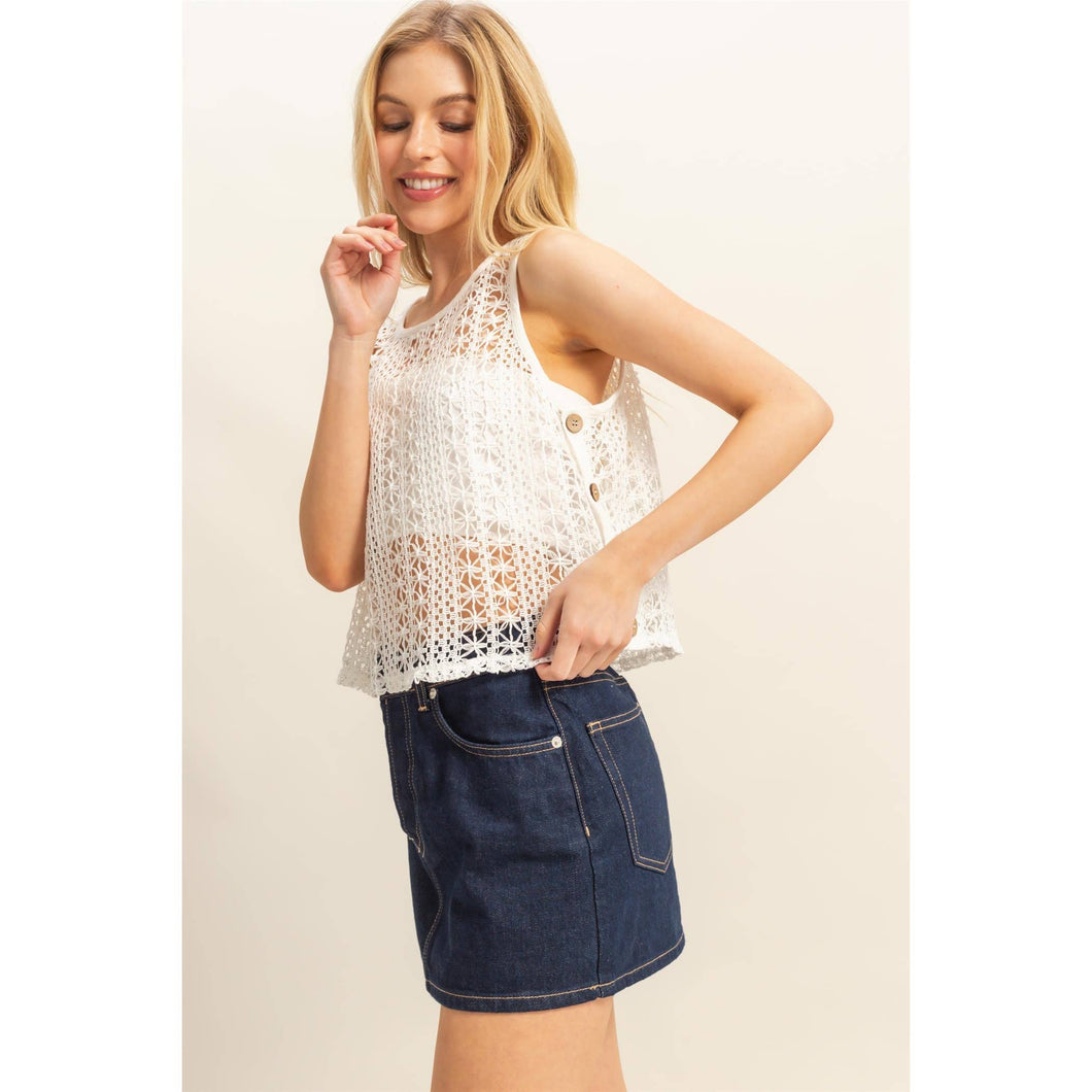 Sleeveless Crew Neck Crochet Top Whitw