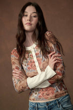Floral-Print Mesh Split-Cuff Raglan-Sleeve Henley Top: Black / S