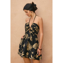 Tropical Leaf Ruched Halter Mini Dress: TAHITI / S-M-L(2-2-2)
