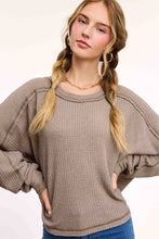 HAT7565-Brushed Waffle Fabric Loose Fit Long Sleeve Top: Teal Green / S