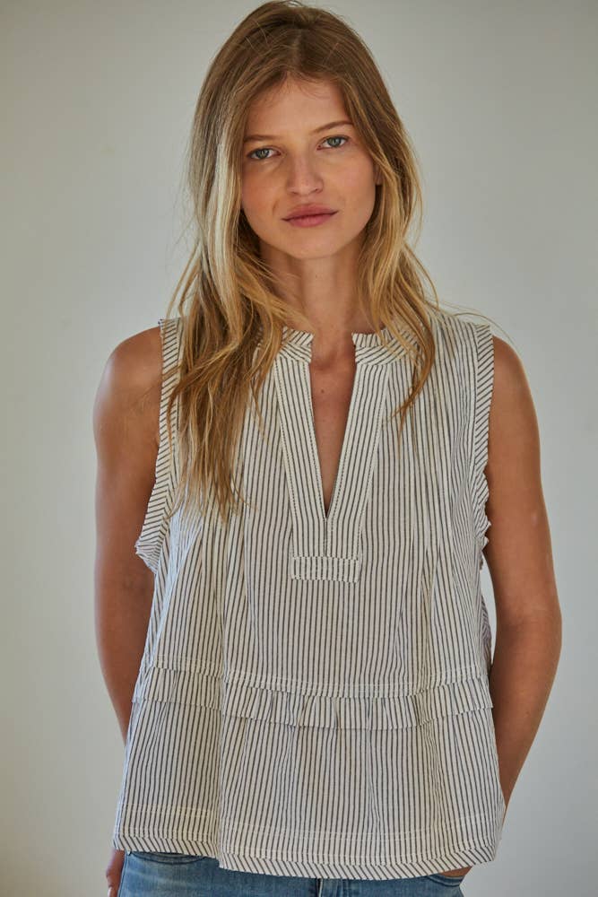 |Cotton  Striped Sleeveless Blouse Top: Cream Black