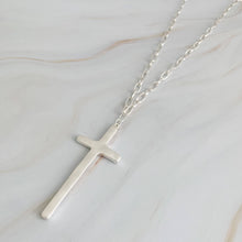 Hammered Cross Long Chain Necklace: Silver