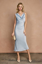 Satin Metal Trim Cowl Ruched Midi Dress: SAGE / S-M-L(2-2-2)
