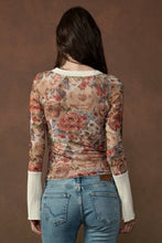 Floral-Print Mesh Split-Cuff Raglan-Sleeve Henley Top: Black / L