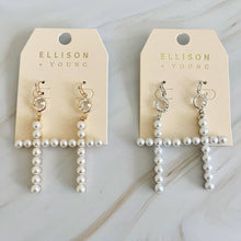 Pearl Cross Dangle Earrings: Silver