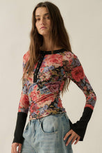 Floral-Print Mesh Split-Cuff Raglan-Sleeve Henley Top: Black / S