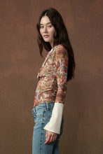 Floral-Print Mesh Split-Cuff Raglan-Sleeve Henley Top: Black / S