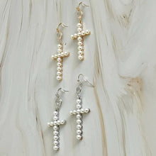 Pearl Cross Dangle Earrings: Silver