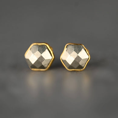 Semi Precious Hexagon Gemstone Studs (8mm gold): Pyrite