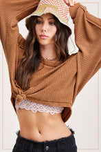 HAT7565-Brushed Waffle Fabric Loose Fit Long Sleeve Top: Teal Green / M