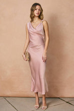 Satin Metal Trim Cowl Ruched Midi Dress: SAGE / S-M-L(2-2-2)