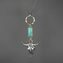 Western Antiqued Brass Bull and Ring w/ Turquoise Necklace: 14 + Extender / Turquoise (Howlight)