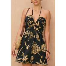 Tropical Leaf Ruched Halter Mini Dress: TAHITI / S-M-L(2-2-2)