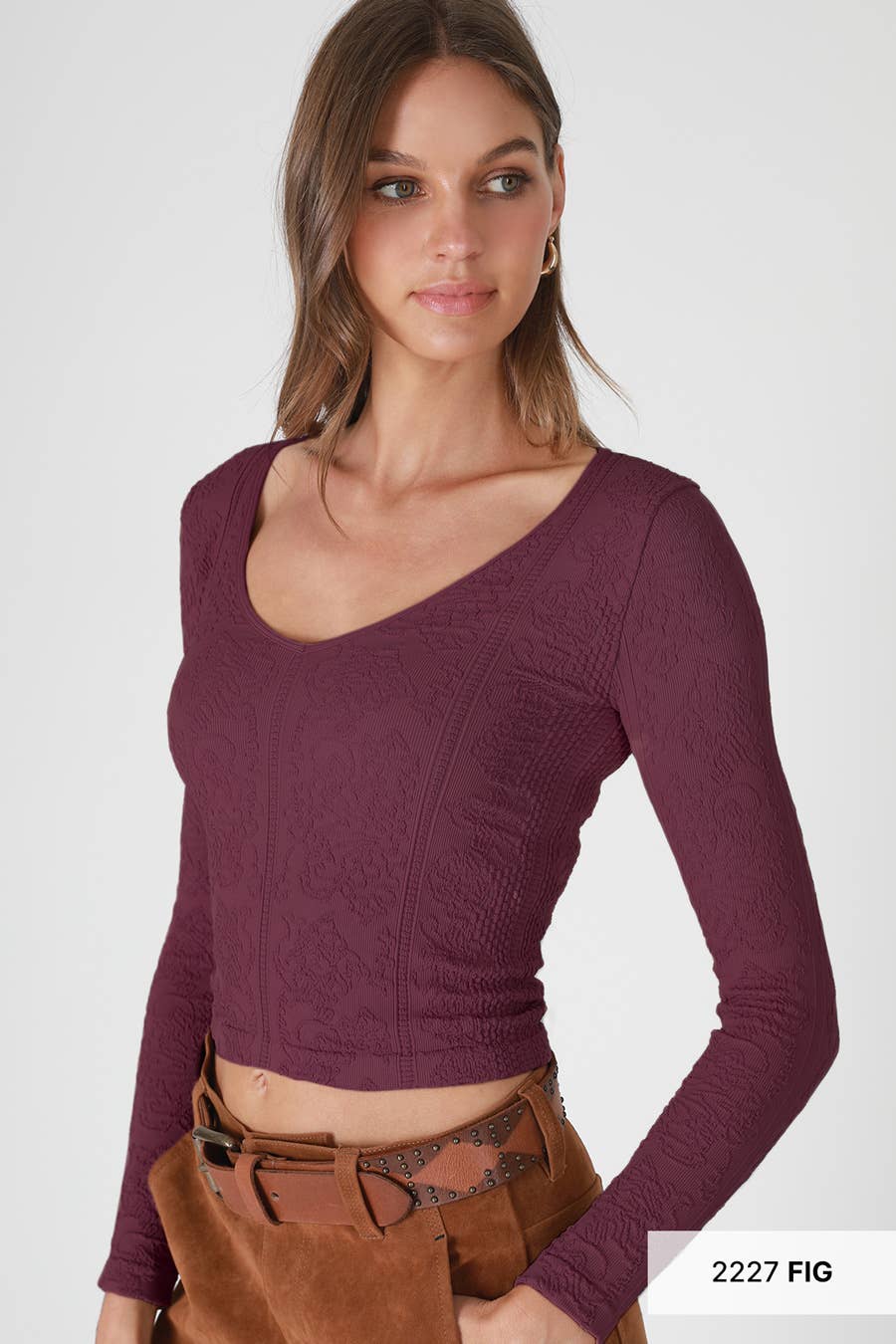 Lace Textured V Neck Top Fig