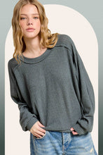 HAT7565-Brushed Waffle Fabric Loose Fit Long Sleeve Top: Teal Green / L