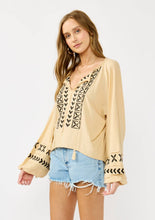 Embroidered Dolman Sleeve Split Neck Knit Top: Taupe/Black / M