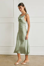 Satin Metal Trim Cowl Ruched Midi Dress: SAGE / S-M-L(2-2-2)