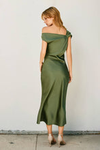 Satin Metal Trim Cowl Ruched Midi Dress: SAGE / S-M-L(2-2-2)