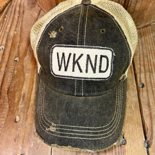 WKND Distressed Tan Mesh Snapback Baseball Cap: Azul with Orange
