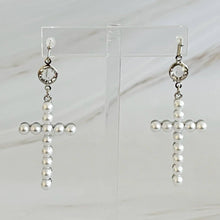 Pearl Cross Dangle Earrings: Silver