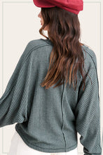 HAT7565-Brushed Waffle Fabric Loose Fit Long Sleeve Top: Teal Green / S