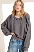 HAT7565-Brushed Waffle Fabric Loose Fit Long Sleeve Top: Teal Green / M