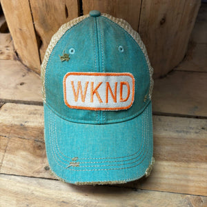 WKND Distressed Tan Mesh Snapback Baseball Cap: Azul with Orange