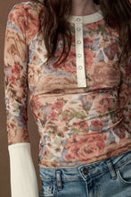 Floral-Print Mesh Split-Cuff Raglan-Sleeve Henley Top: Black / L