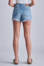 MEDIUM WASH GRINDED FRAYED MOM SHORTS