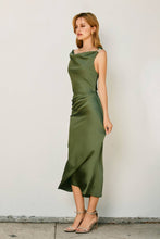 Satin Metal Trim Cowl Ruched Midi Dress: SAGE / S-M-L(2-2-2)