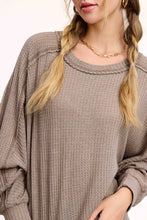 HAT7565-Brushed Waffle Fabric Loose Fit Long Sleeve Top: Teal Green / M